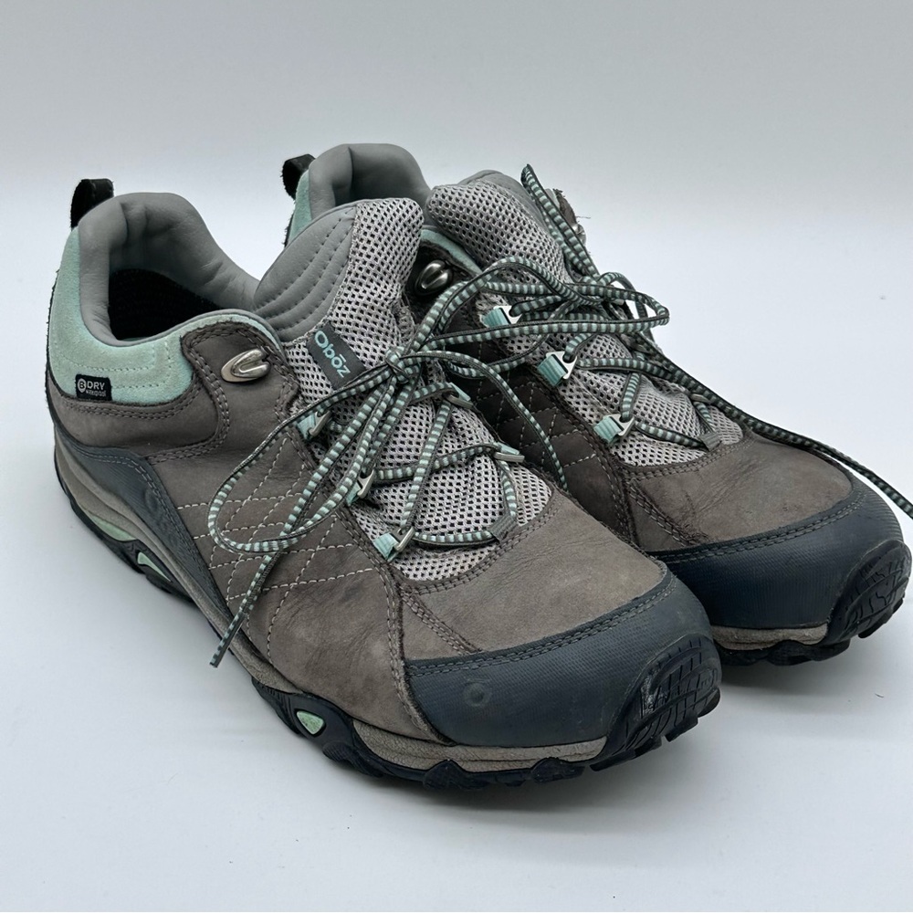 Women's Oboz Sapphire Low Waterproof Hiking Shoes in Gray and Mint